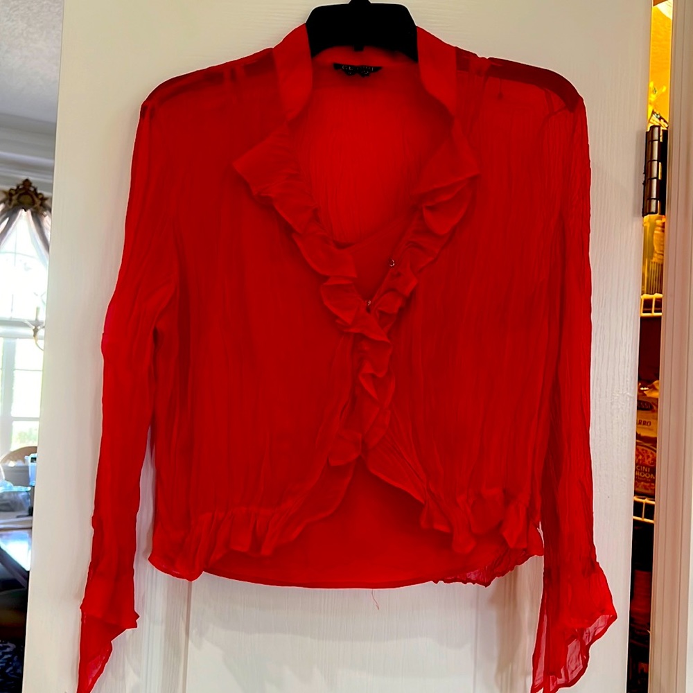 Sheer blouse with shell, 3/4 sleeves, front opening with loops and buttons